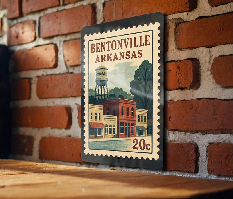 A metal postage stamp featuring a vintage illustration of Bentonville, Arkansas, with a water tower and buildings.
