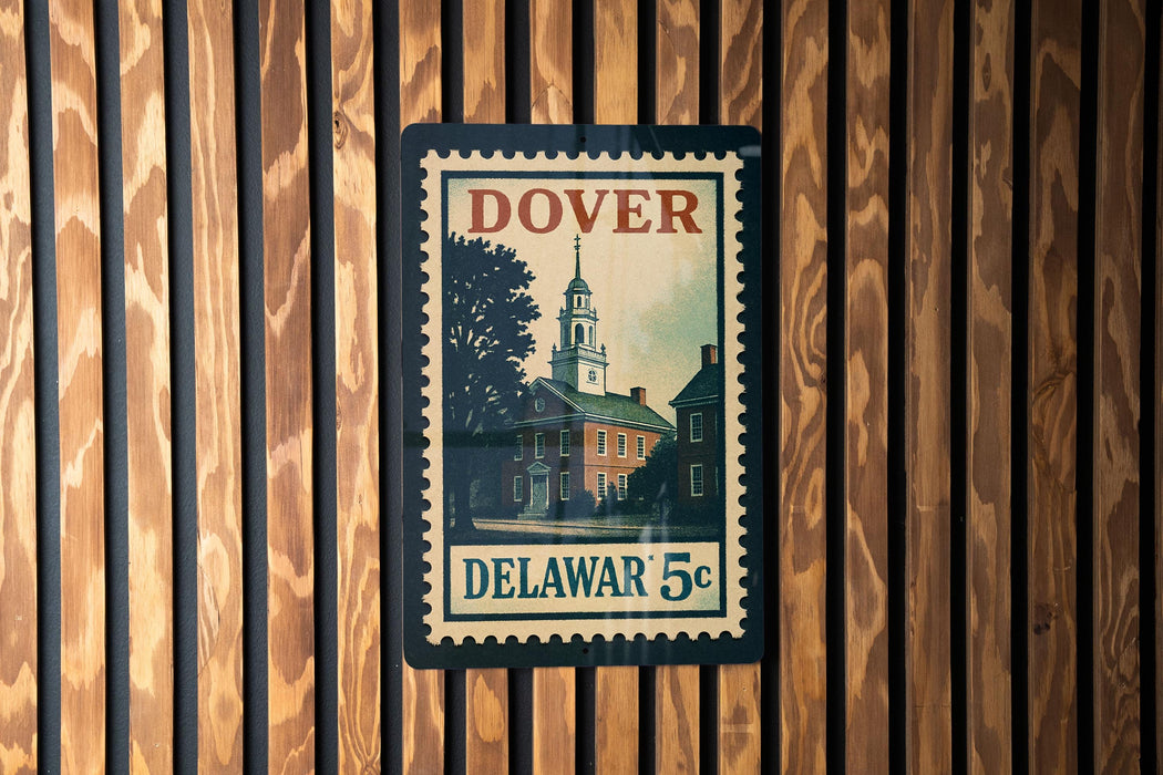 A vintage Dover 5c postage stamp featuring a building with a clock tower, mounted on a wooden wall.