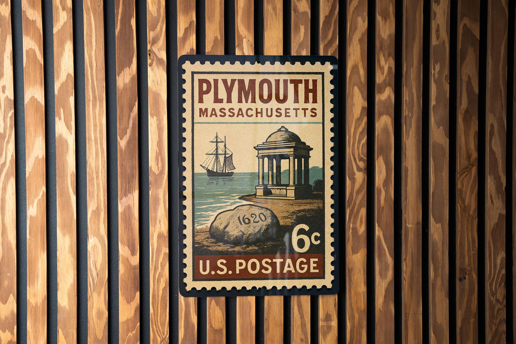 A vintage postage stamp from Plymouth, Massachusetts, featuring a ship and a building, mounted on a wooden wall.