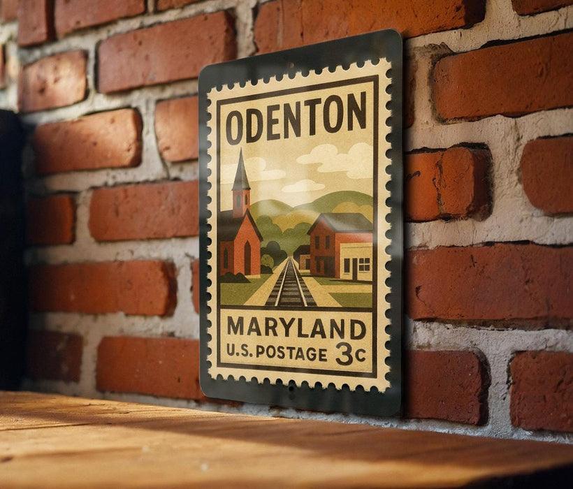 A vintage-style metal stamp depicting a rural scene with a church, train tracks, and a mountain backdrop, mounted on a brick wall.