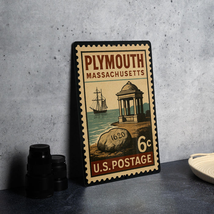 A vintage postage stamp from Plymouth, Massachusetts, featuring a ship and a gazebo, with the text "Plymouth, Massachusetts" and "1620 6c" printed on it.