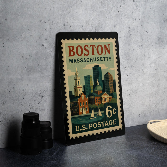 A vintage Boston postage stamp featuring the city's skyline and landmarks, including the Boston Cathedral, is displayed on a table.