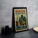 A vintage Boston postage stamp featuring the city's skyline and landmarks, including the Boston Cathedral, is displayed on a table.