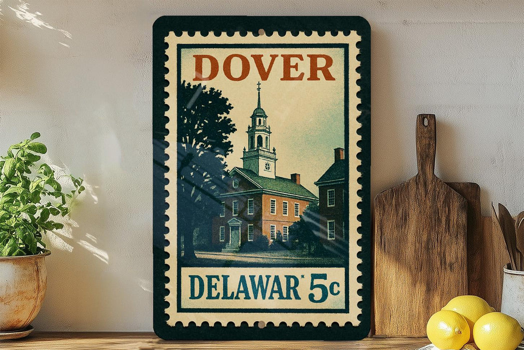 A vintage-style metal stamp depicting a building with a steeple, placed on a shelf next to a wooden cutting board and some lemons.