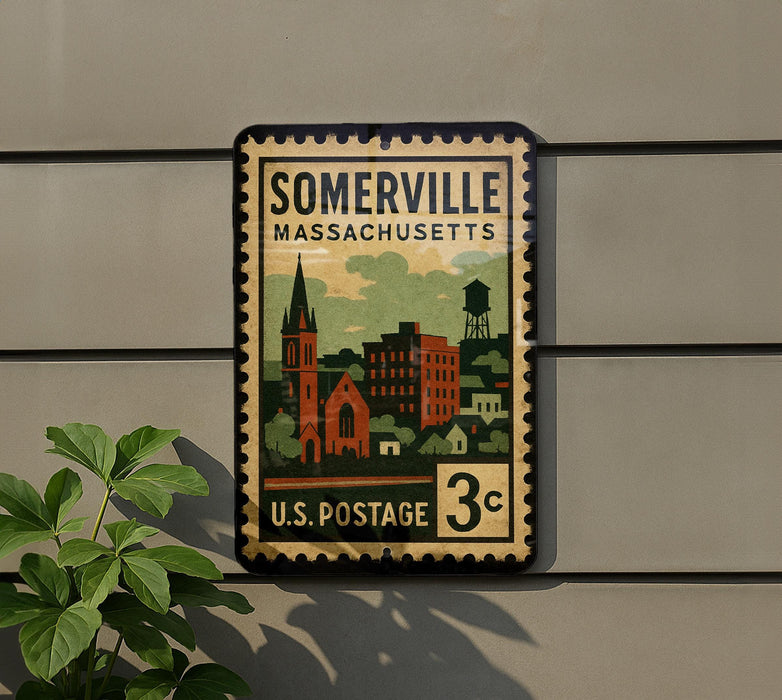 A vintage-style postage stamp from the United States, featuring an illustration of a town with buildings and a church, mounted on a wall.