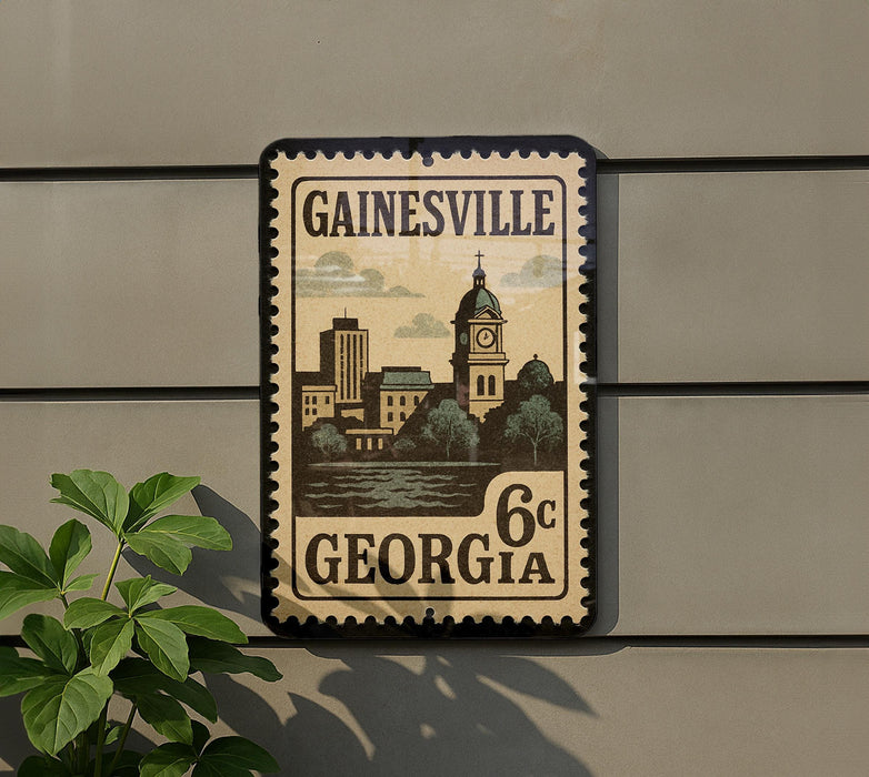 A vintage-style postage stamp from Georgia, featuring a cityscape and a clock tower, is displayed on a wall.