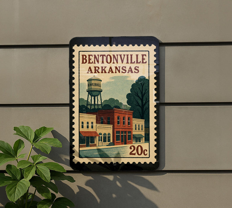 A postage stamp depicting a small town scene in Bentonville, Arkansas, with buildings, a water tower, and trees.