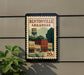 A postage stamp depicting a small town scene in Bentonville, Arkansas, with buildings, a water tower, and trees.