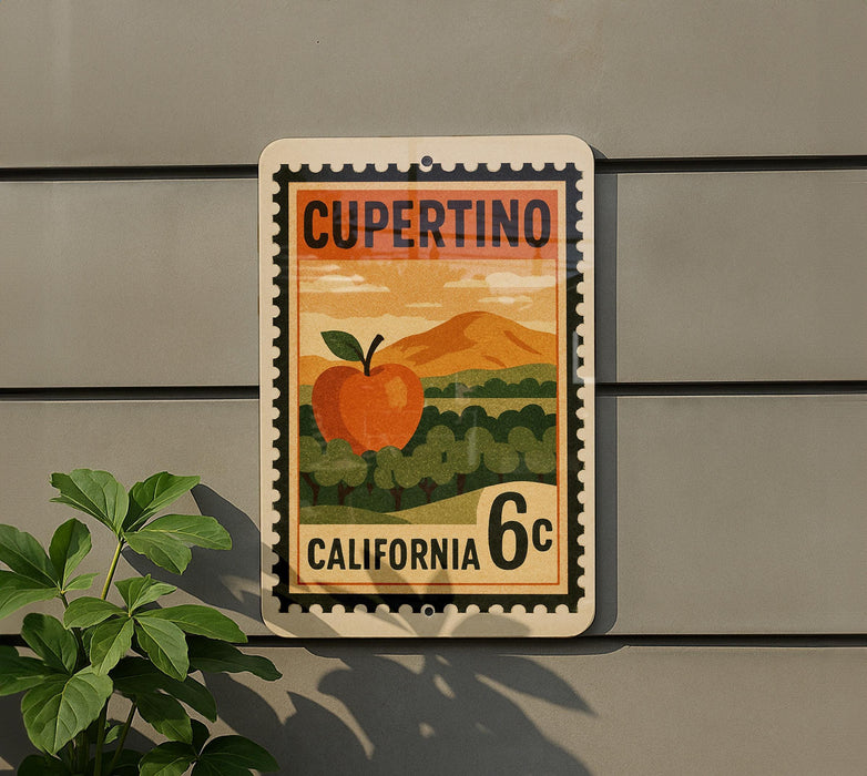 a sign with a stamp-like design, depicting an apple and a landscape with mountains, mounted on a wall.