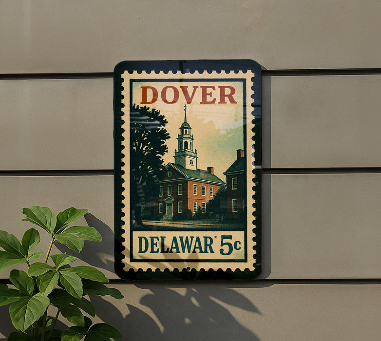 A vintage Dover 5c postage stamp featuring a building and a tree, mounted on a wall next to a plant.
