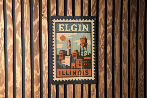 A vintage-style poster of Elgin, Illinois, featuring a cityscape with a water tower, is displayed on a wooden wall.