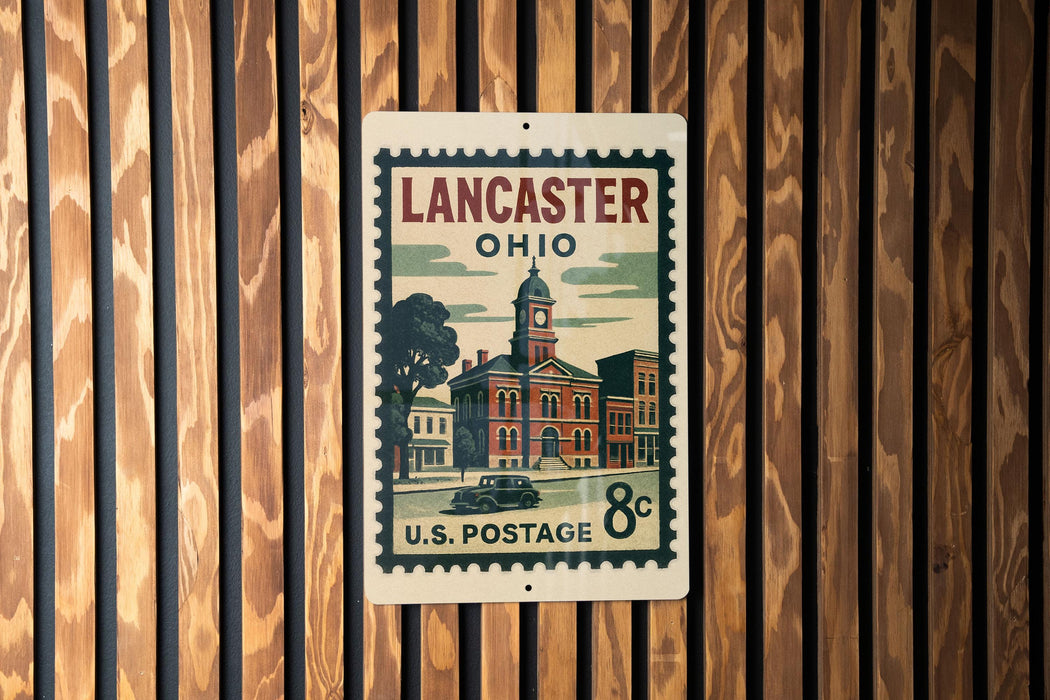 A vintage postage stamp from the United States of America, featuring an illustration of a town with a clock tower, hanging on a wooden wall.