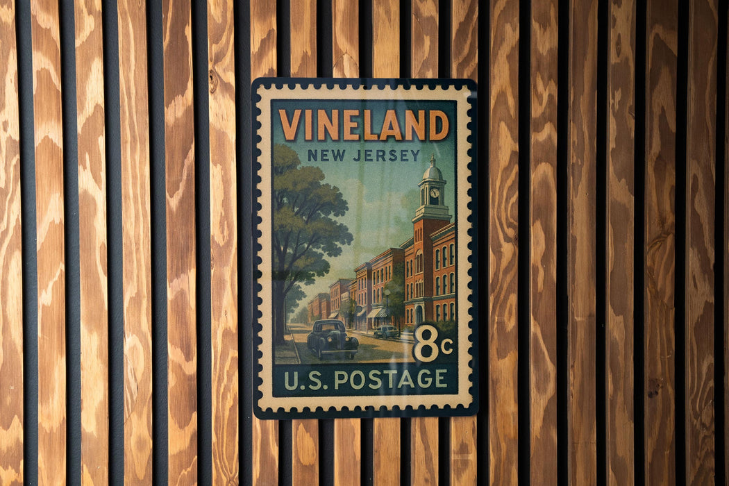 A vintage postage stamp from New Jersey, featuring a street scene with a clock tower, is displayed on a wooden wall.