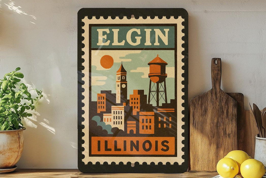A vintage-style postage stamp from Elgin, Illinois, featuring a cityscape with a water tower, is displayed on a shelf next to a wooden cutting board and some potted plants.