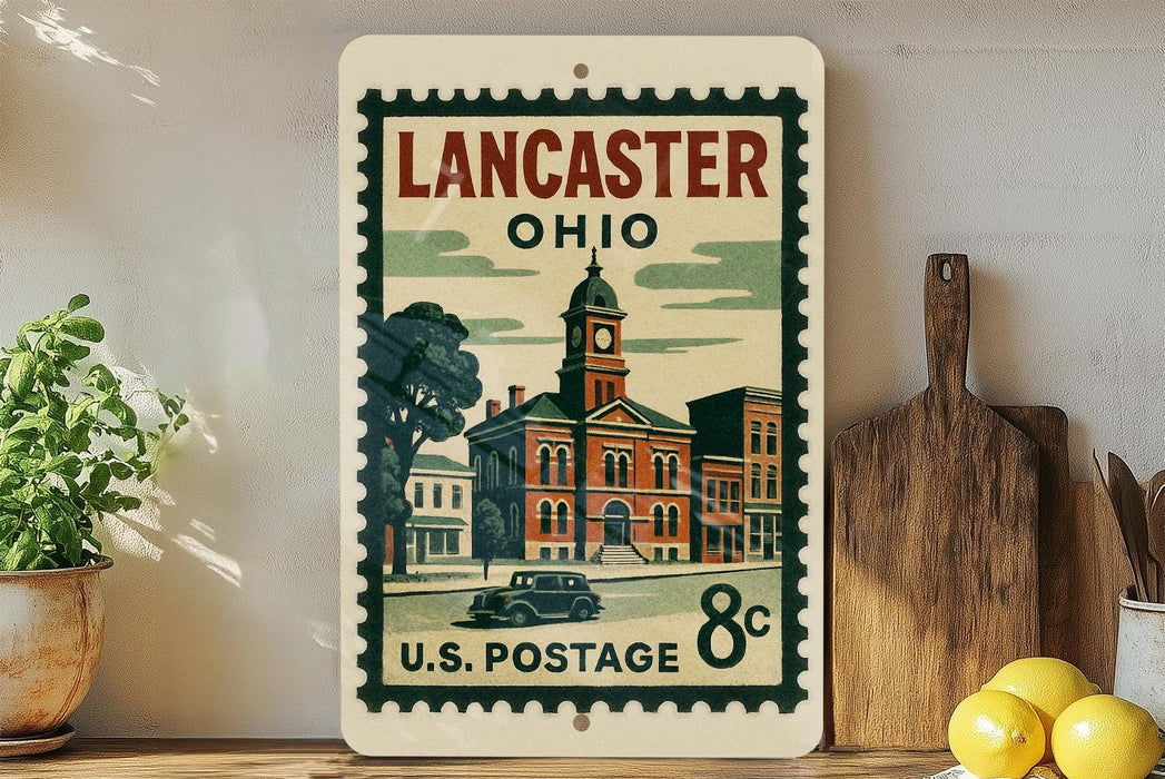 A vintage-style postage stamp from the United States Postal Service, featuring an illustration of a town with a clock tower, is displayed on a shelf next to a wooden cutting board and some potted plants.