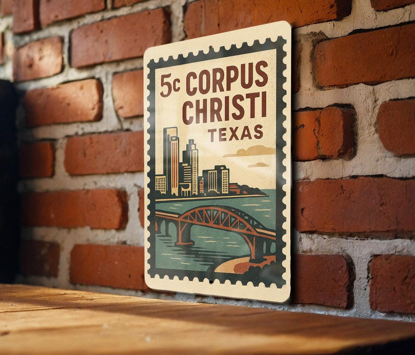 A vintage-style poster or sign featuring a cityscape with a bridge, mounted on a brick wall.