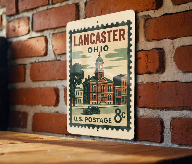 A vintage postage stamp from the United States of America, featuring an illustration of a building and a car, mounted on a brick wall.