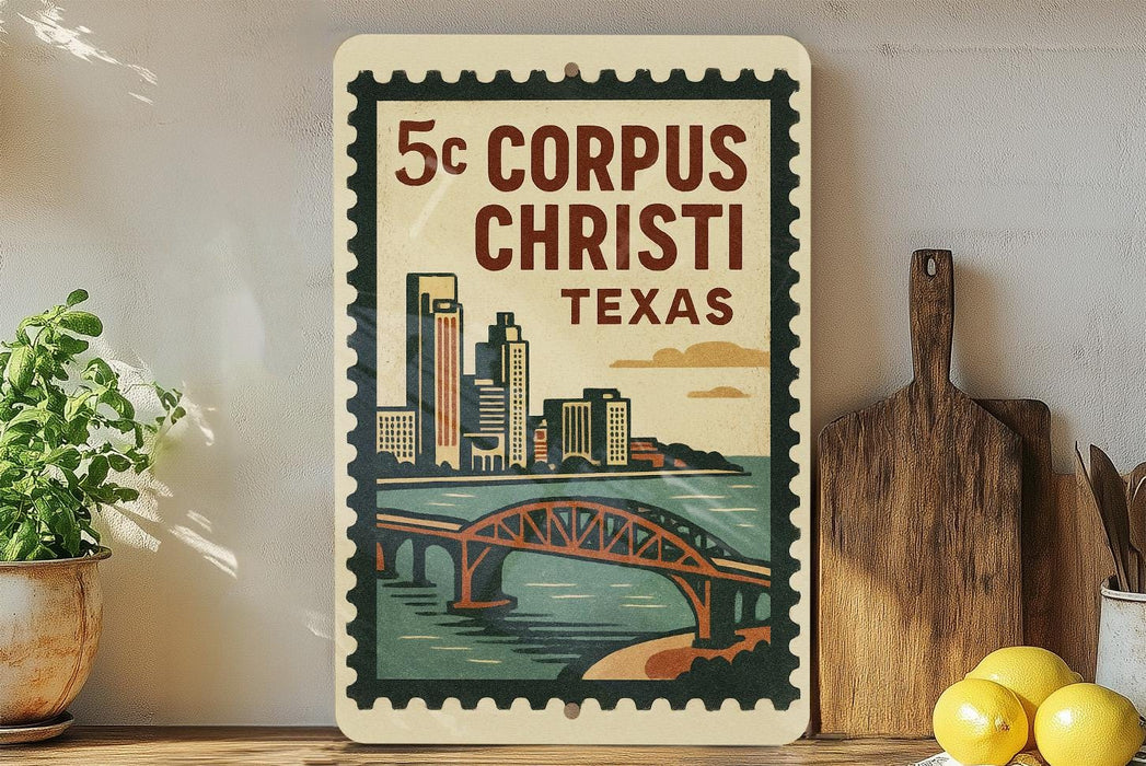 A vintage-style metal sign with a cityscape and bridge design, mounted on a wall next to a wooden cutting board and some potted plants.