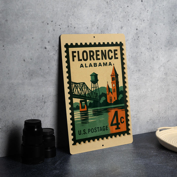 A vintage postage stamp from Florence, Alabama, featuring a bridge and a clock tower, is displayed on a table.