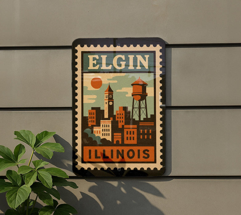 A vintage-style sign for Elgin, Illinois, featuring a cityscape with a water tower and other buildings, mounted on a wall.
