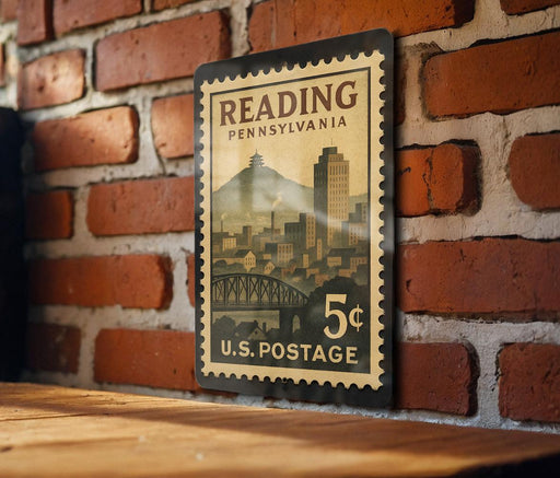 A vintage-style postage stamp from Pennsylvania, featuring a cityscape and a bridge, is displayed on a brick wall.