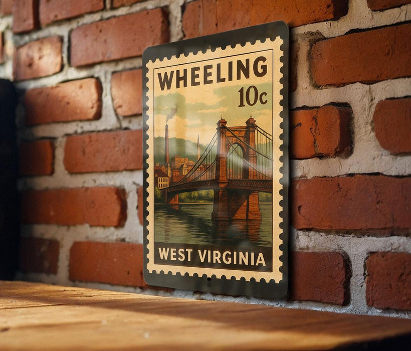 A metal stamp with a vintage-style illustration of a bridge, mounted on a brick wall.