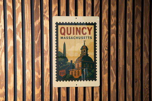A vintage-style poster of QuINCY, Massachusetts, featuring a church and other buildings, is displayed on a wooden wall.