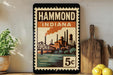 A vintage-style stamp depicting the city of Hammond, Indiana, with a bridge and industrial buildings in the background.