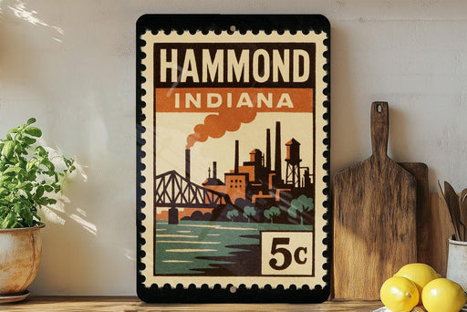 A vintage-style stamp depicting the city of Hammond, Indiana, with a bridge and industrial buildings in the background.