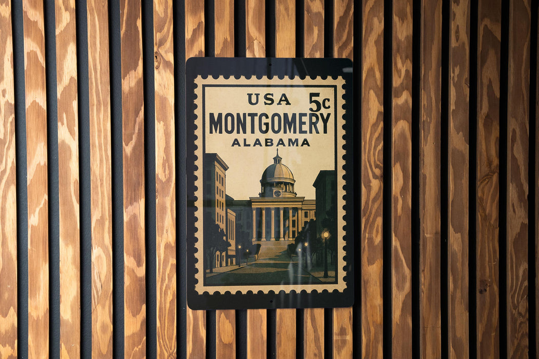 A framed postcard with a picture of the United States Capitol building in Montgomery, Alabama, mounted on a wooden wall.