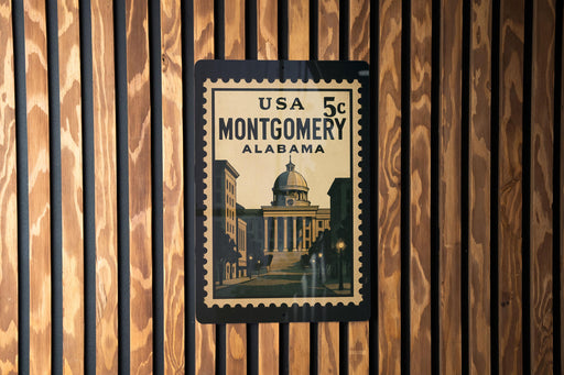 A framed postcard with a picture of the United States Capitol building in Montgomery, Alabama, mounted on a wooden wall.