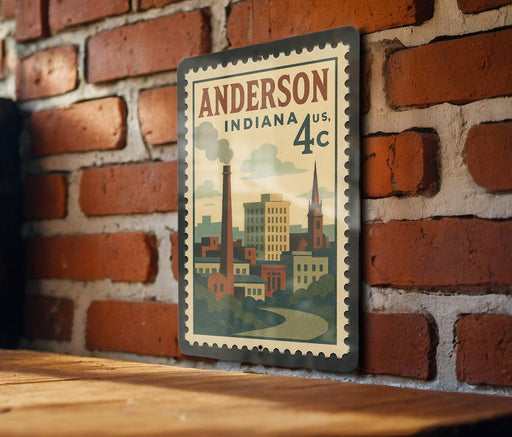 A vintage-style postage stamp depicting a cityscape of Anderson, Indiana, United States, with a brick wall in the background.