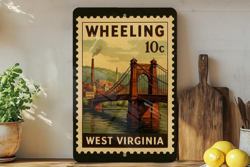 A vintage-style stamp depicting a bridge in West Virginia, with the text "WHEELING 10c WEST VIRGINIA" printed on it. The stamp is displayed on a shelf next to a wooden cutting board and a potted plant.