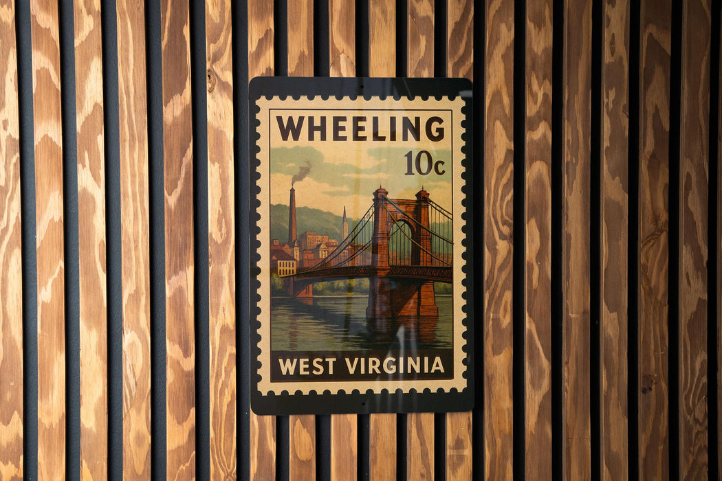 A vintage postage stamp from West Virginia, featuring a bridge and a river, is displayed on a wooden wall.