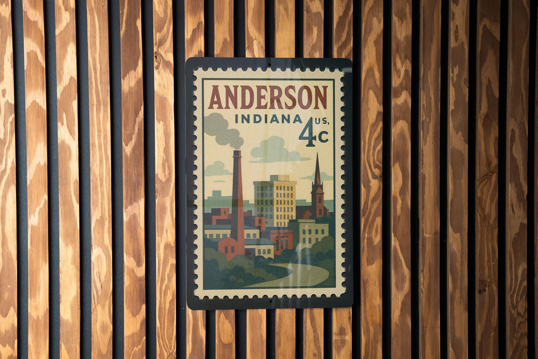 A vintage-style postage stamp from Indiana featuring a cityscape and a steam chimney, mounted on a wooden wall.