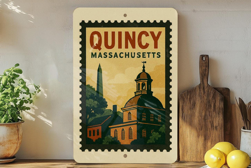 a framed poster of QuINCY, Massachusetts, with a depiction of the state's iconic dome and buildings.