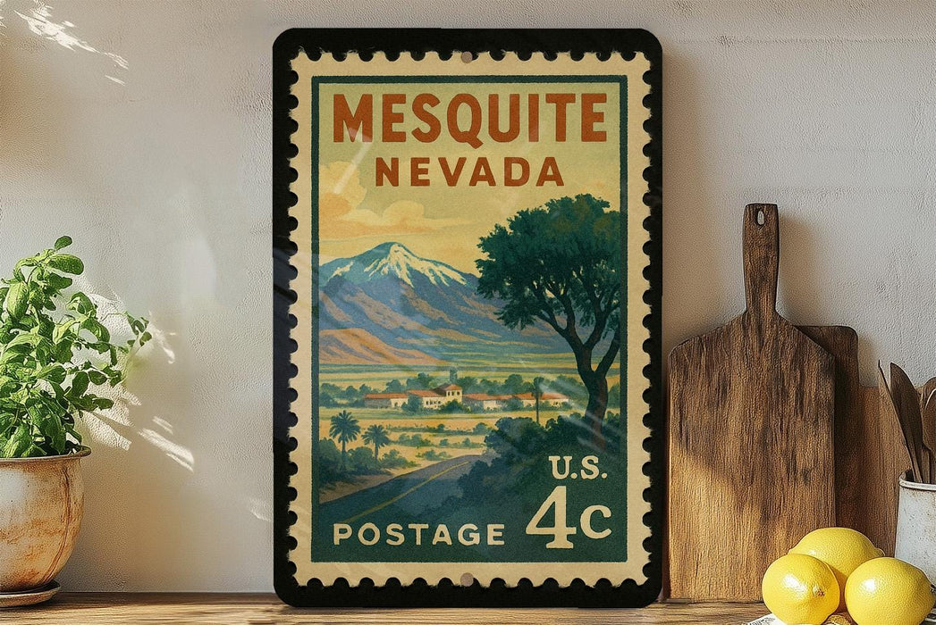 A vintage-style postage stamp from the United States, featuring a scenic landscape with mountains and a small town, displayed on a wall next to a wooden cutting board and some potted plants.