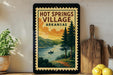 A framed vintage-style poster of Hot Springs Village, Arkansas, featuring a scenic landscape with pine trees, a lake, and a boat.