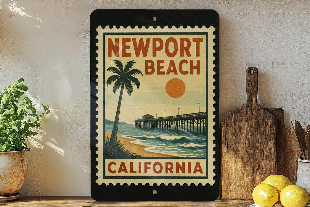 A framed poster of Newport Beach, California, featuring a palm tree and a wooden pier, is displayed on a shelf next to a wooden cutting board and a potted plant.
