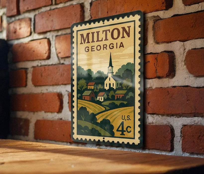 A vintage postage stamp from Milton, Georgia, featuring a church and a rural landscape, is displayed on a brick wall.