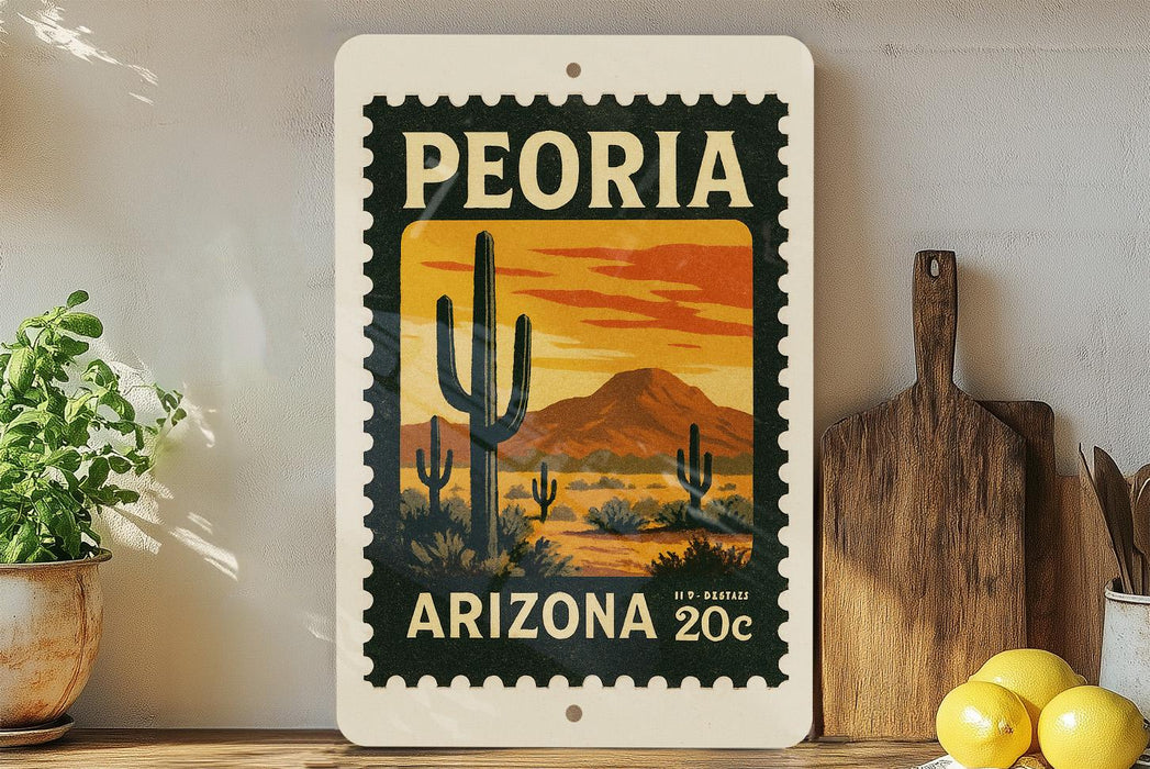 A vintage postage stamp from Arizona featuring a desert landscape with cacti and mountains, displayed on a shelf next to a wooden cutting board and some potted plants.