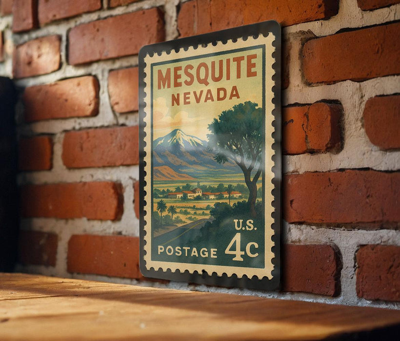 A vintage-style postage stamp from the United States, featuring a mountain landscape and the text "Mesquite Nevada" and "U.S. Postage 4C".