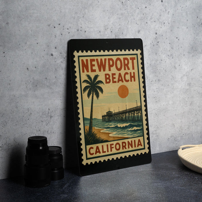 A framed poster of Newport Beach, California, featuring a palm tree and a pier, is displayed on a countertop.