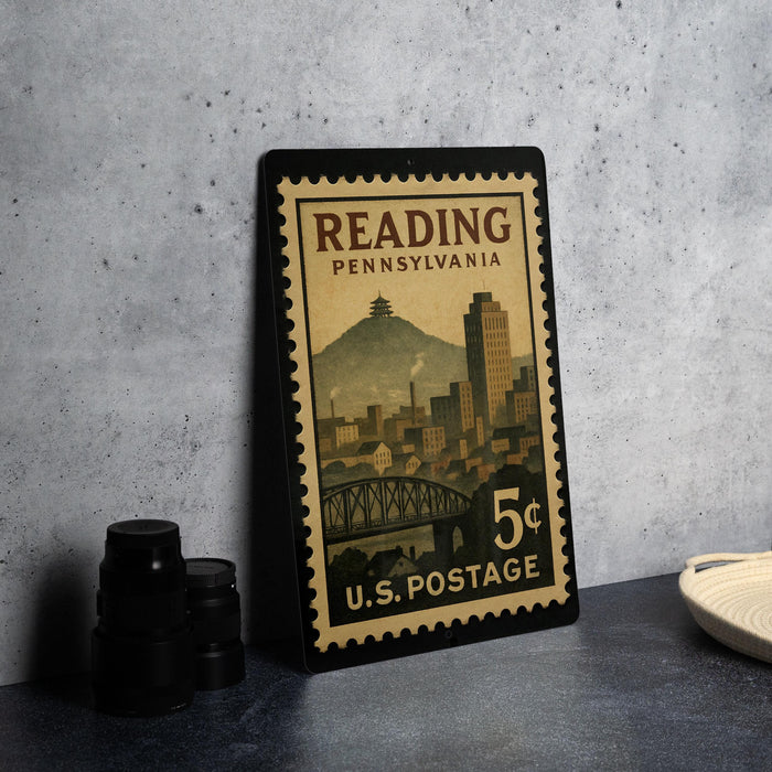 A vintage-style postage stamp from the United States, featuring an illustration of a cityscape and a mountain, with the text "Reading, Pennsylvania" and the denomination of 5 cents.
