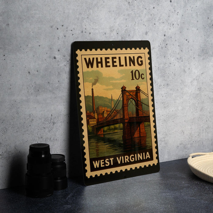 A vintage postage stamp from West Virginia, featuring a bridge and a steam-powered factory, is displayed on a table.
