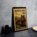 A vintage postage stamp from West Virginia, featuring a bridge and a steam-powered factory, is displayed on a table.