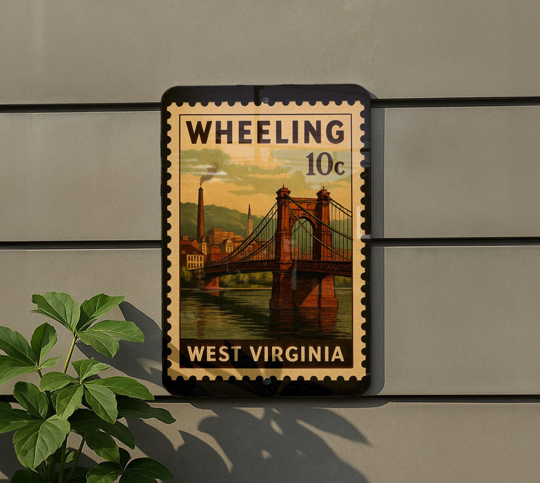 A vintage-style postage stamp from West Virginia, featuring a bridge and a cityscape, is displayed on a wall.