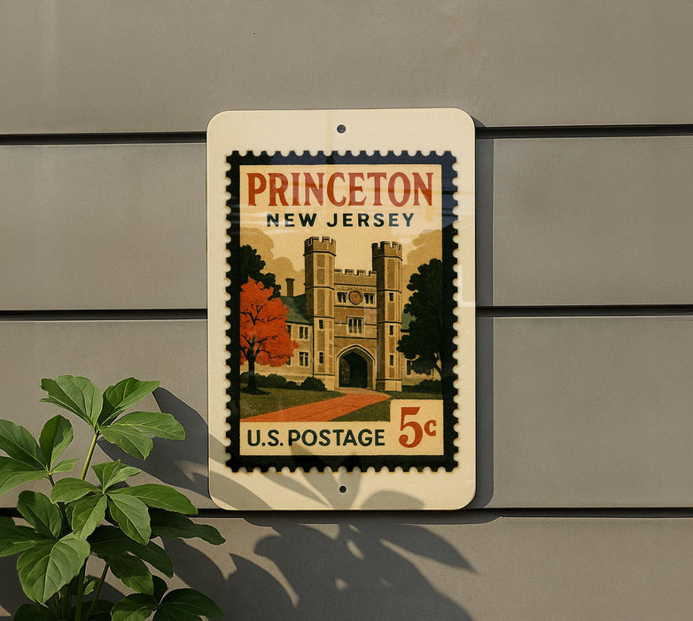 A vintage Princeton New Jersey postage stamp is displayed on a wall, with a plant to the left.