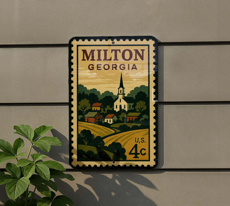 A postage stamp from the United States of America, featuring a rural landscape with a church and houses, mounted on a wall.