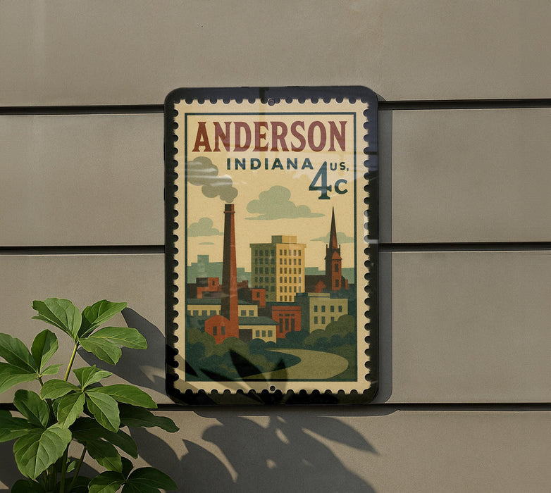 A vintage postage stamp depicting a cityscape of Anderson, Indiana, with a tall smokestack and buildings, hanging on a wall.